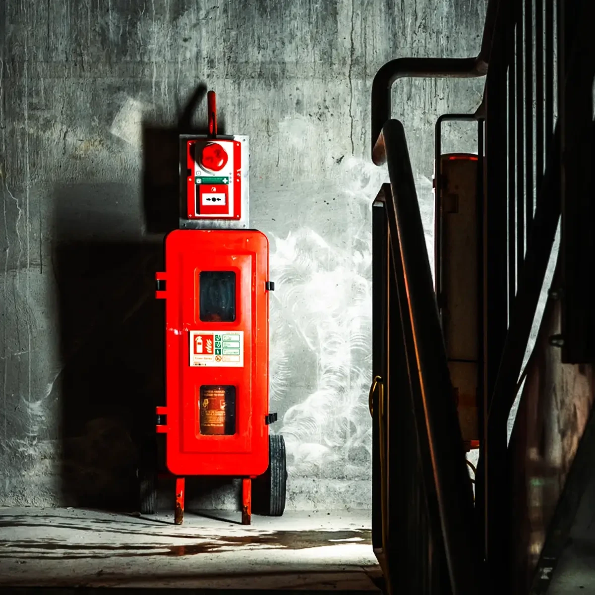 WES wireless fire and evacuation call point with alarm, fitted on a red mobile fire station cabinet in stairwell.